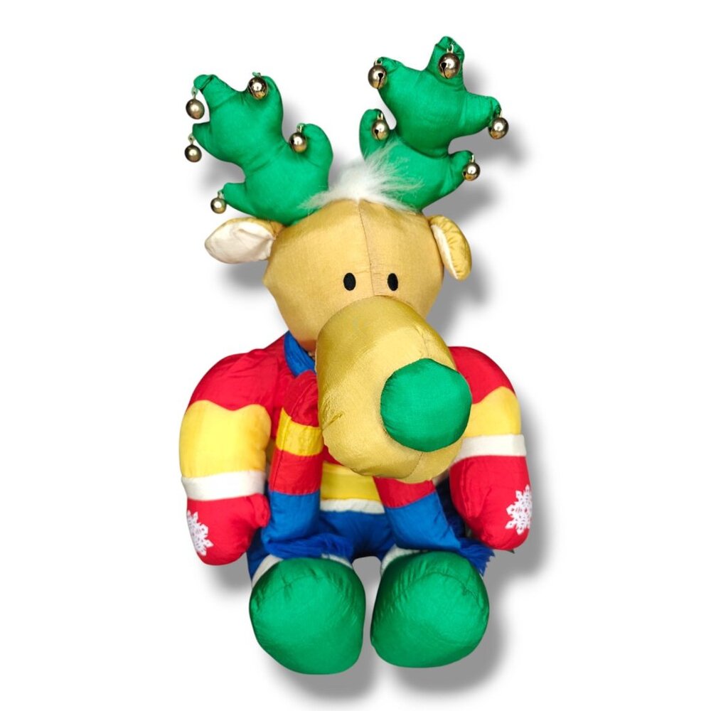 Vintage Christmas Reindeer Puffalump Nylon Plush With Bells 18" New With Tags